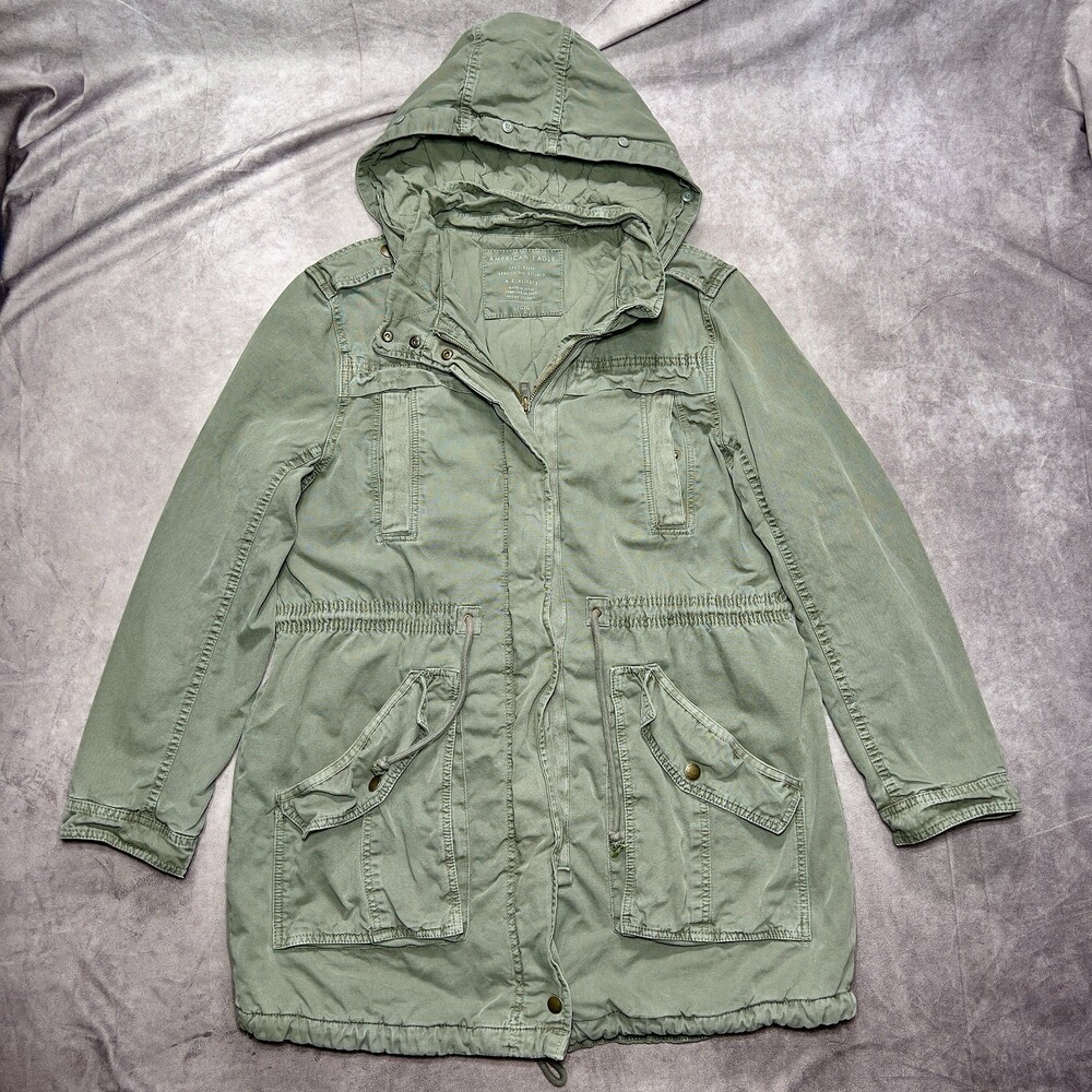 American Eagle Utility Jacket Womens Large Military Green Hooded Anorak Parka